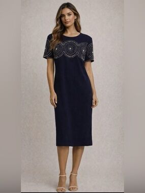 Navy Short-Sleeve Midi Dress with Metallic Dot Detail